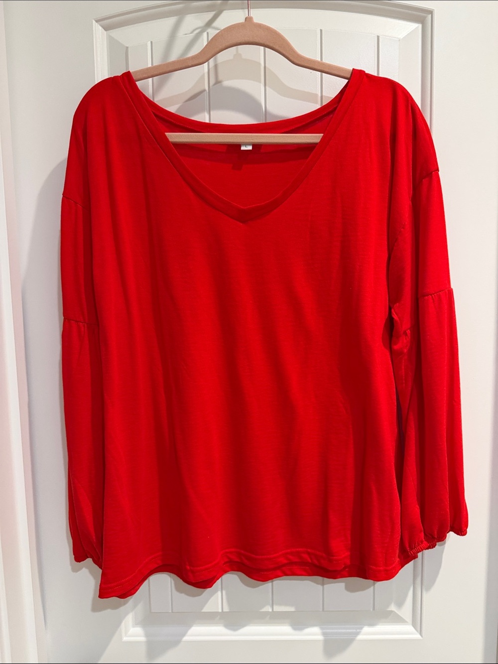 Casual V-Neck Long Sleeve Top in Bright Red
